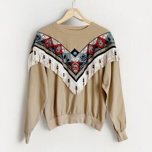 Vintage Quitman USA Southwestern Unisex Sweatshirt Sz M Beige Country Western